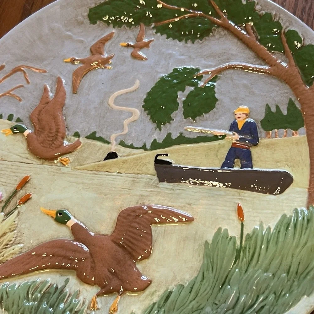 Vintage 1977 CF Raised Relief Hunting Fishing Wall Plates Set Of 2 Ducks Fish‎